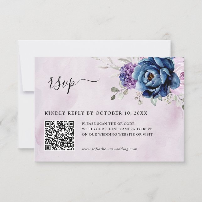 Dusty Blue Purple Navy Lilac Blooms  Wedding QR RSVP Card (Front)