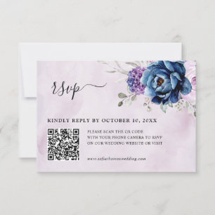 Dusty Blue Purple Navy Lilac Blooms  Wedding QR RSVP Card