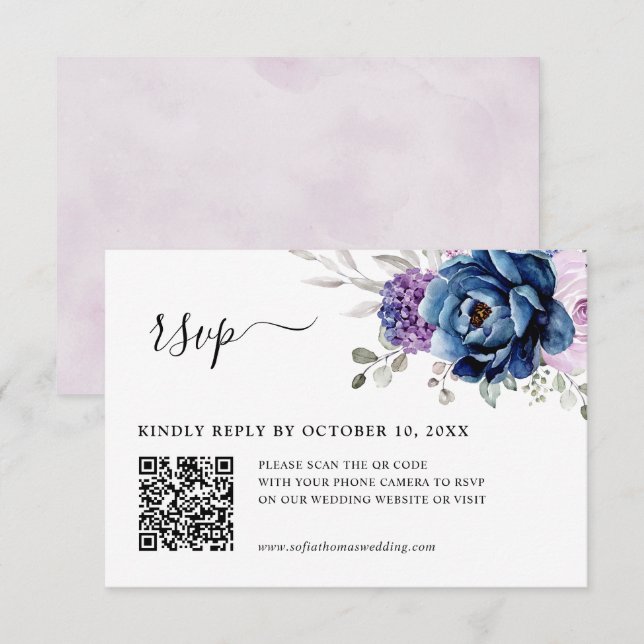 Dusty Blue Purple Navy Lilac Blooms  Wedding QR RSVP Card (Front/Back)
