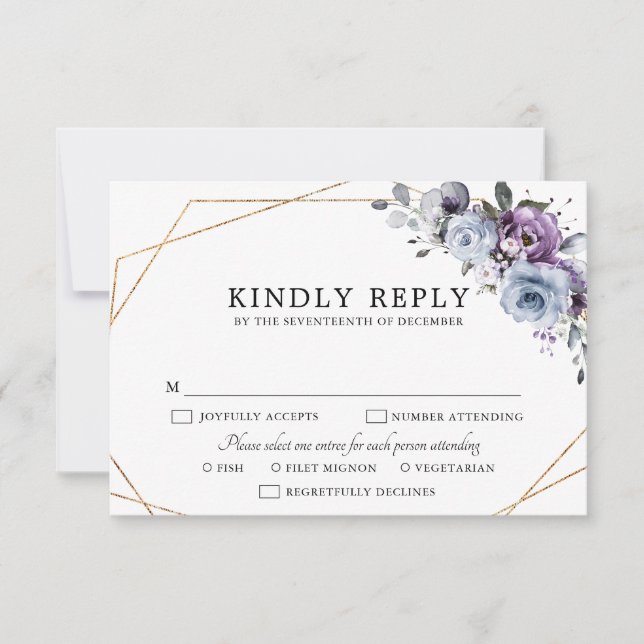 Dusty Blue Purple Navy Lilac Blooms Wedding RSVP C (Front)