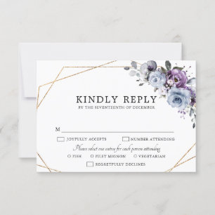 Dusty Blue Purple Navy Lilac Blooms Wedding RSVP C