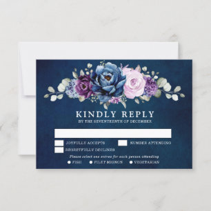 Dusty Blue Purple Navy Lilac Blooms Wedding RSVP C