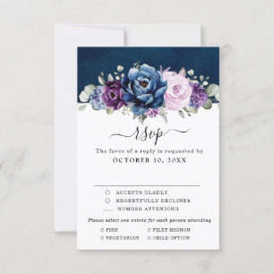 Dusty Blue Purple Navy Lilac Blooms Wedding RSVP C Card