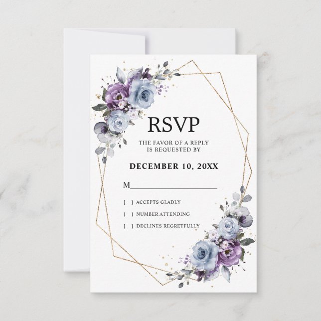 Dusty Blue Purple Navy Lilac Blooms Wedding RSVP Card (Front)