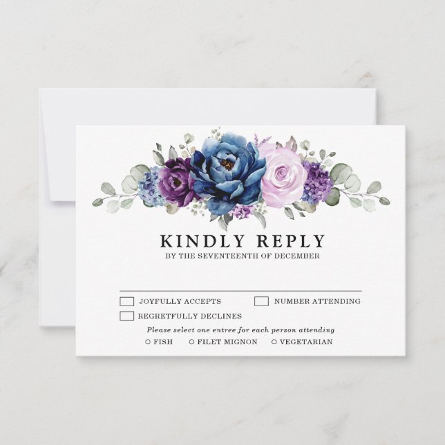 Dusty Blue Purple Navy Lilac Blooms Wedding RSVP Card (Front)