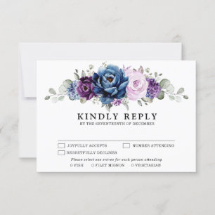 Dusty Blue Purple Navy Lilac Blooms Wedding RSVP Card