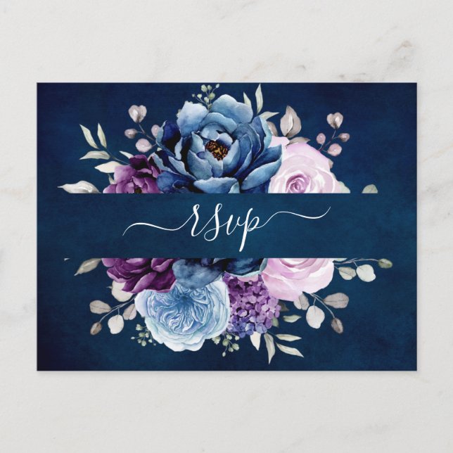 Dusty Blue Purple Navy Lilac Blooms Wedding RSVP P Postcard (Front)