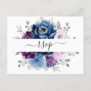 Dusty Blue Purple Navy Lilac Blooms Wedding RSVP Postcard