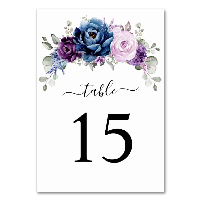 Dusty Blue Purple Navy Lilac Blooms Wedding Table Number (Front)