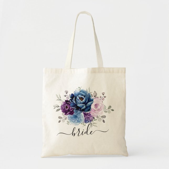 Dusty Blue Purple Navy Lilac Blooms Wedding Tote Bag (Front)