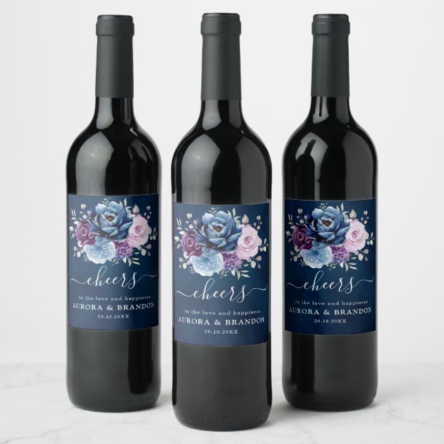 Dusty Blue Purple Navy Lilac Blooms Wedding Wine L Label (Bottles)