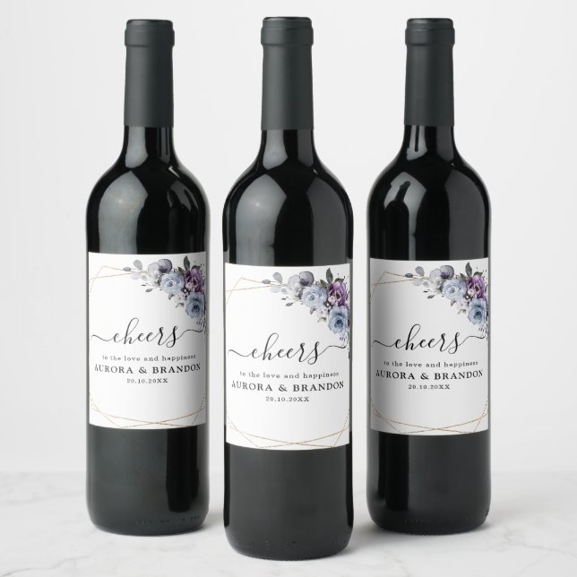 Dusty Blue Purple Navy Lilac Blooms Wedding Wine L Label (Bottles)