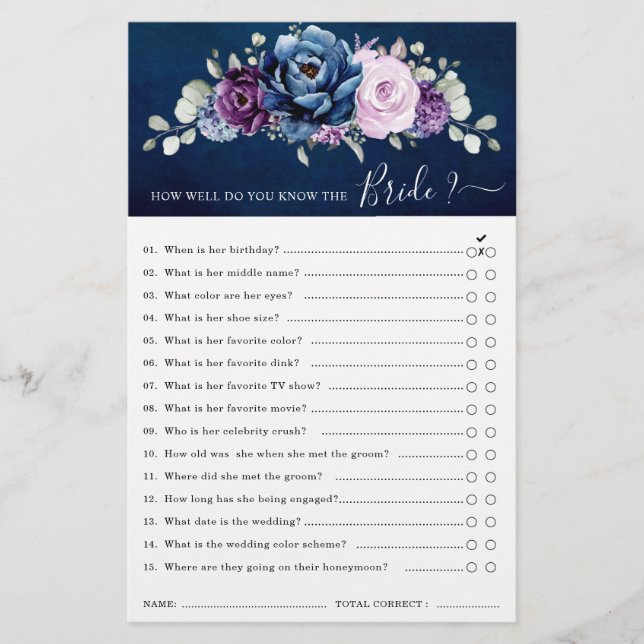 Dusty Blue Purple Navy Lilac  Bridal Shower Game (Front)