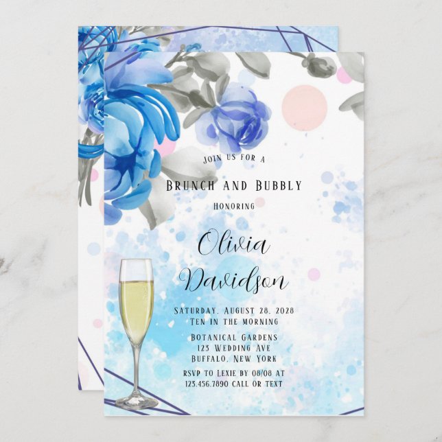 Dusty Blue Purple Peony Flora Brunch and Bubbly Invitation (Front/Back)