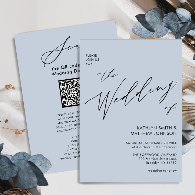Dusty Blue QR Code All In One Elegant Wedding Invitation (Creator Uploaded)
