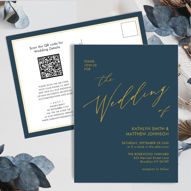 Dusty Blue QR Code All In One Gold Script Wedding Invitation Postcard (Creator Uploaded)