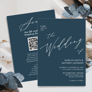 Dusty Blue QR Code All In One Minimalist Wedding Invitation