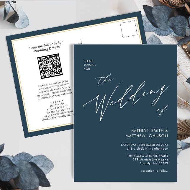 Dusty Blue QR Code All In One Modern Chic Wedding Invitation Postcard (Creator Uploaded)