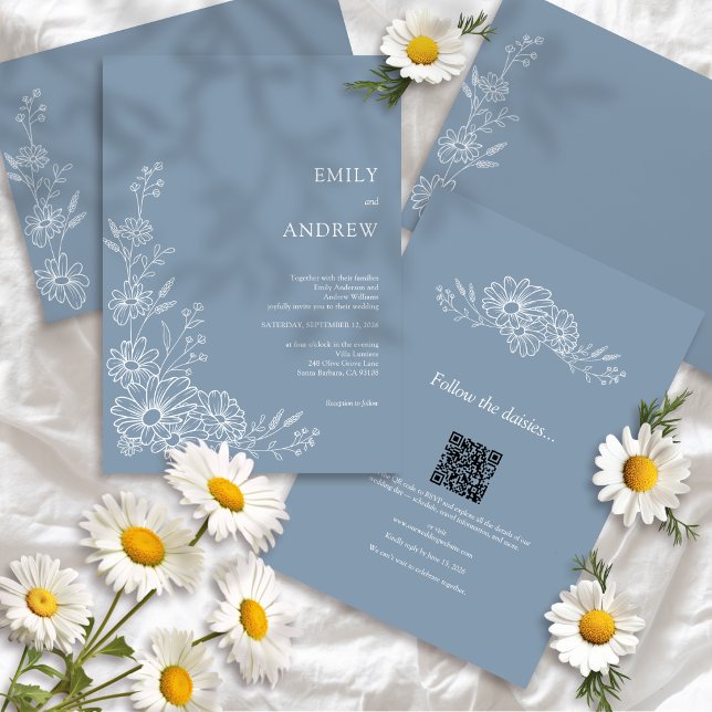 Dusty Blue QR Code Botanical All In One Wedding Invitation (Creator Uploaded)
