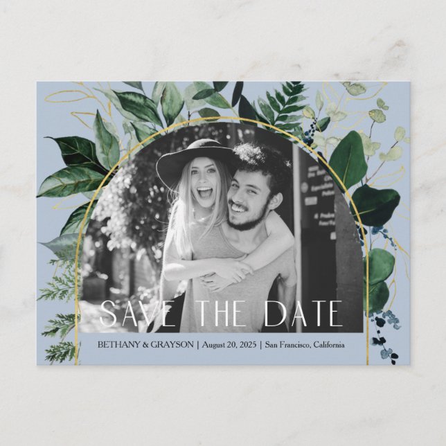 Dusty Blue, QR code Botanical photo save the date Announcement Postcard (Front)