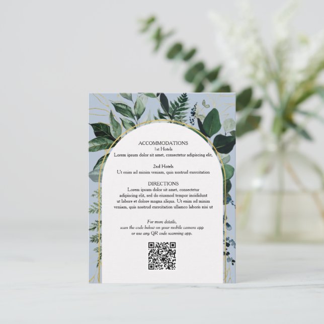 Dusty Blue QR code Botanical wedding details card  (Standing Front)