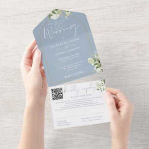 Dusty Blue QR Code Gold Arch Greenery Wedding All In One Invitation