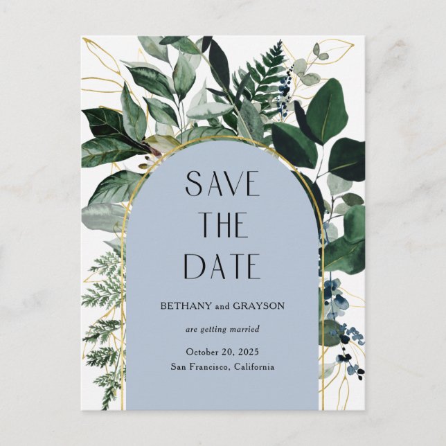 Dusty Blue, QR code modern botanical save the date Announcement Postcard (Front)