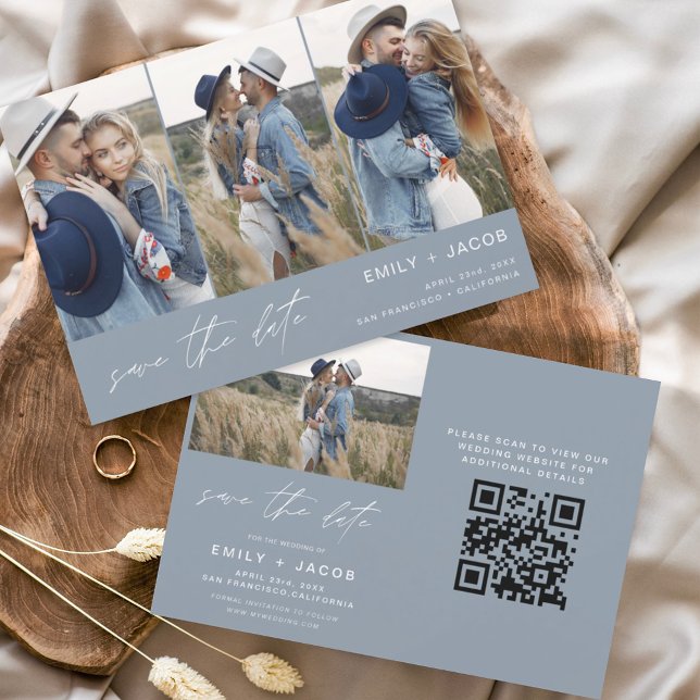 Dusty Blue QR Code Modern Save the Date 4 Photo (Creator Uploaded)