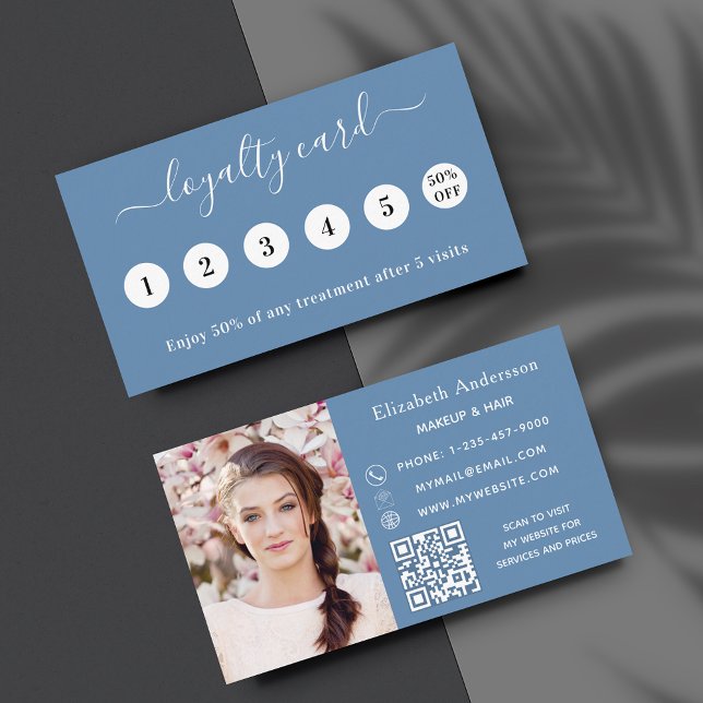 Dusty blue QR code photo business loyalty card (Creator Uploaded)