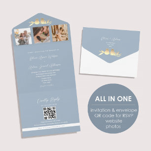 Dusty Blue QR Code Photo Wedding All In One Invitation