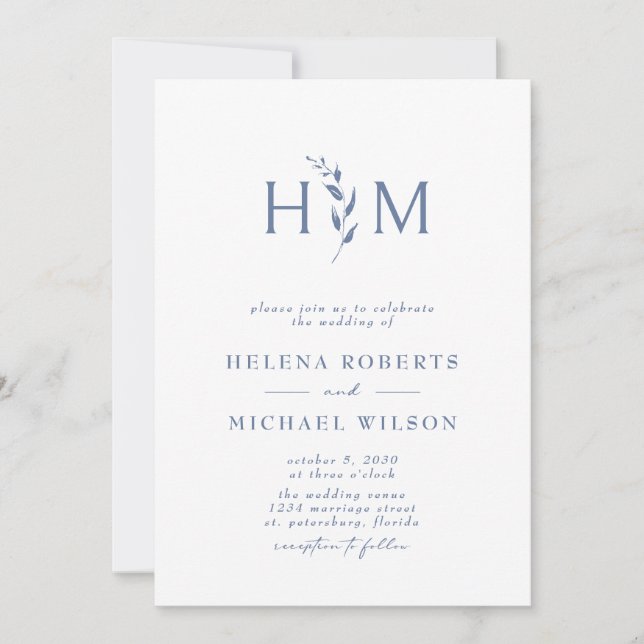 Dusty Blue QR Code RSVP Botanical Monogram Wedding Invitation (Front)