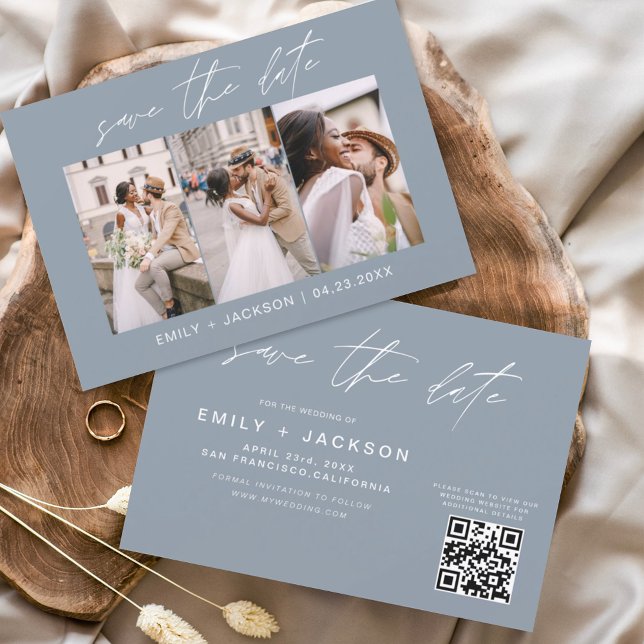 Dusty Blue QR Code Save the Date  Modern 3 Photo (Creator Uploaded)