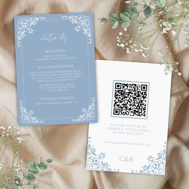 Dusty Blue QR Code Wedding Details Enclosure Card (Elegant blue and white french country coastal chic qr code wedding details enclosure cards romantic)