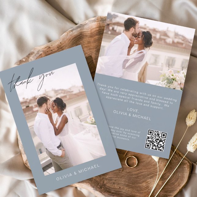 Dusty Blue QR Code Wedding Thank You Photo Card (Creator Uploaded)