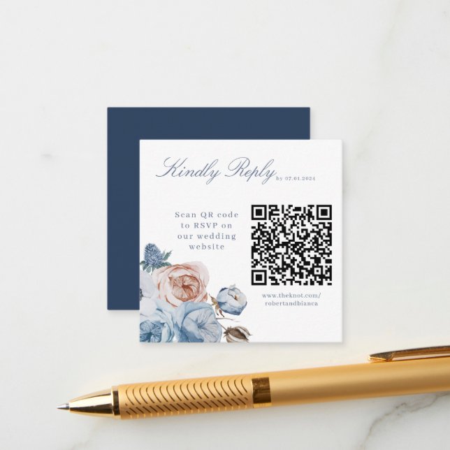 Dusty Blue QR Code Wedding Website RSVP Card (Front/Back In Situ)