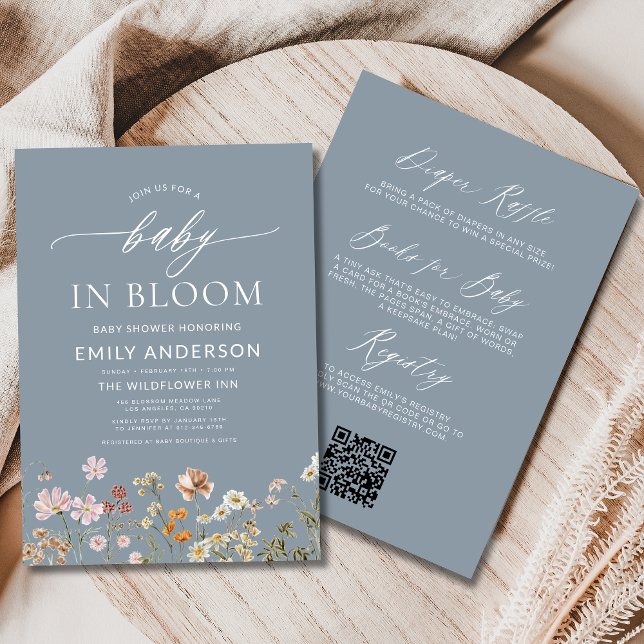 Dusty Blue QR Code Wildflower Baby in Bloom Invitation (Creator Uploaded)