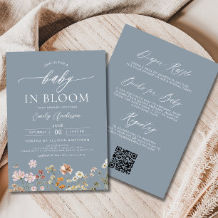 Dusty Blue QR Code Wildflower Baby in Bloom Invitation