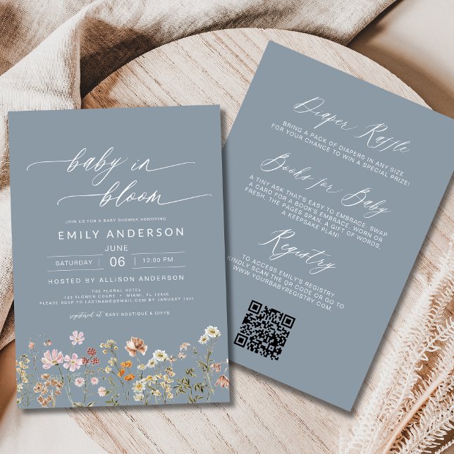 Dusty Blue QR Code Wildflower Baby in Bloom Invitation (Creator Uploaded)