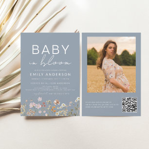 Dusty Blue QR Code Wildflower Baby in Bloom Shower Invitation
