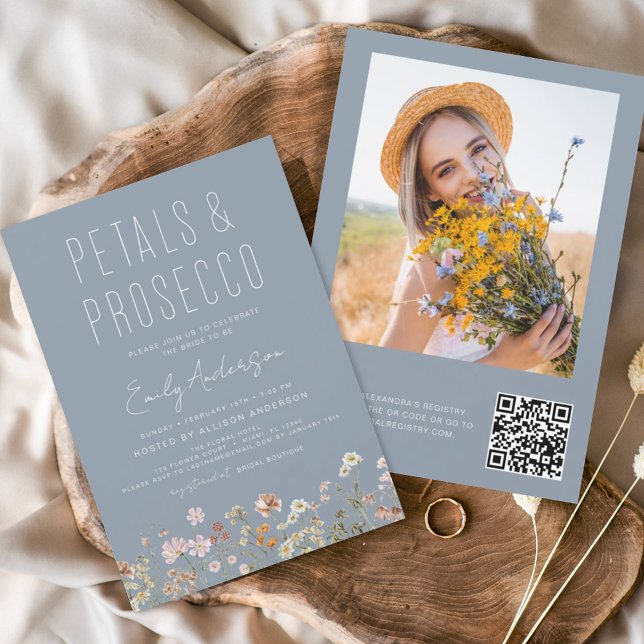 Dusty Blue QR Code Wildflower Petals & Prosecco Invitation (Creator Uploaded)