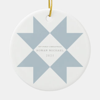 Dusty Blue Quilt Star My First Christmas Ceramic Ornament