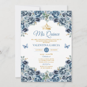 Dusty Blue Quinceañera 15 Anos Flowers Gold Crown Invitation