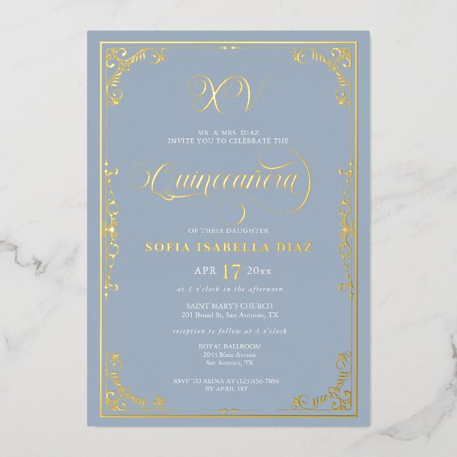 Dusty Blue Quinceañera Gold Foil (Front)