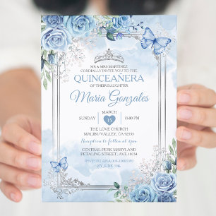 Dusty Blue Quinceañera Silver Crown Butterfly Invitation