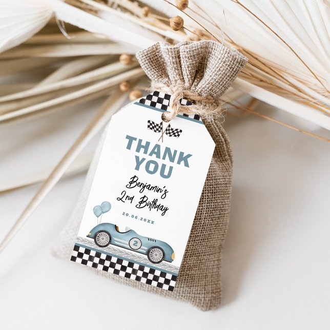 Dusty Blue Race Car Two Fast Boy Birthday Favours Gift Tags (Creator Uploaded)