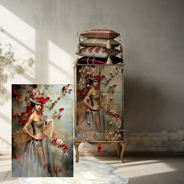 Dusty Blue & Red Floral, Portrait Art & Flamingo  Tissue Paper (Fashionista & Flamingo, Vibrant Portrait Art. Light Silver Blue & Red Blossom, Digital Mixed Media.)