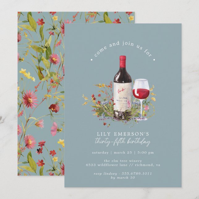 Dusty Blue | Red Wine Any Age Adult Birthday Party Invitation (Front/Back)