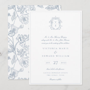 Dusty Blue Regency Crest Monogram Wedding Invitation