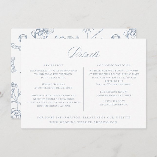Dusty Blue Regency Floral Wedding Details Card (Front/Back)