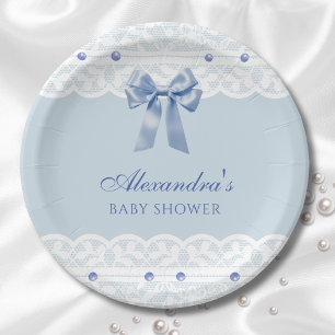 Dusty Blue Regency Pearl Satin Bow Baby Shower Paper Plate